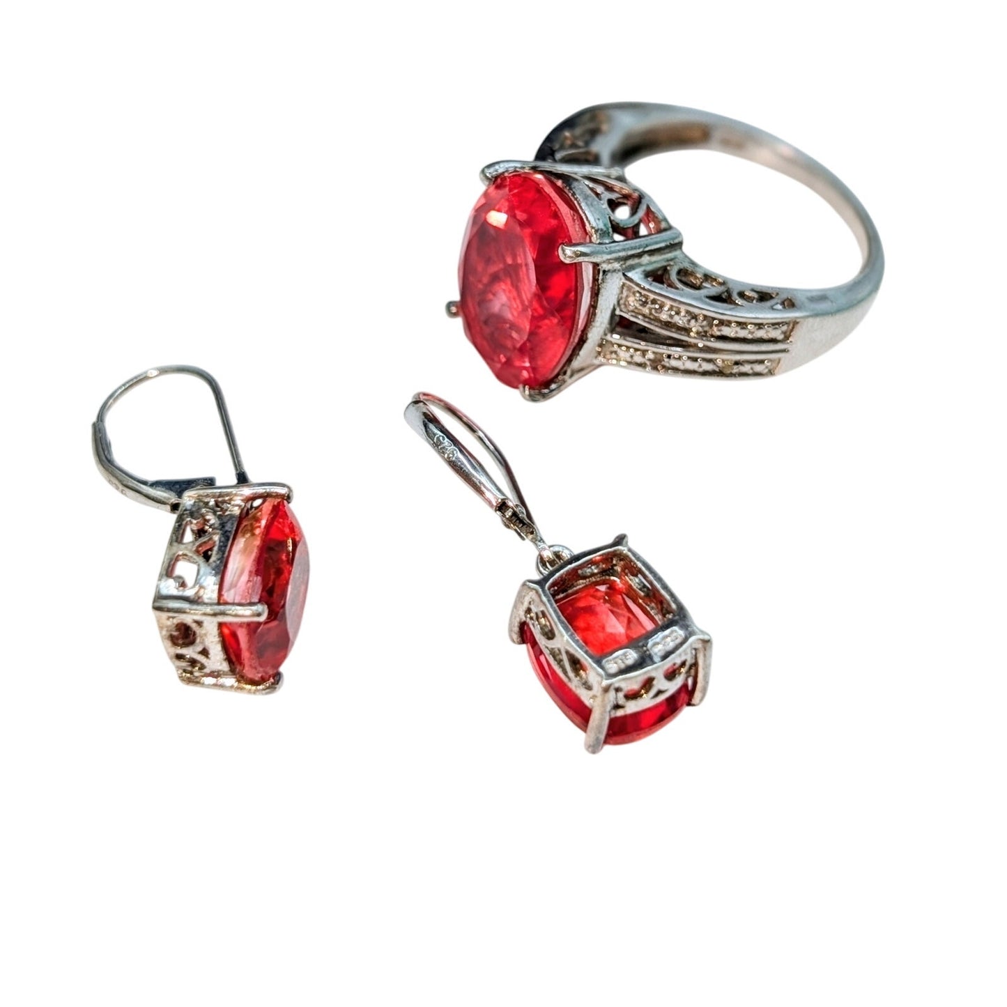 925 Sterling Silver Pinkish Orange Lab Created Gemstone Jewelry Set