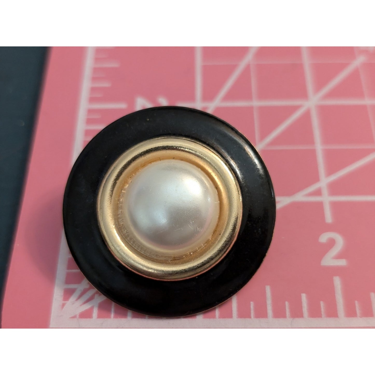 Vintage 80s Large Black Enamel Gold Tone Faux Mabe Pearl Button Pierced Earrings