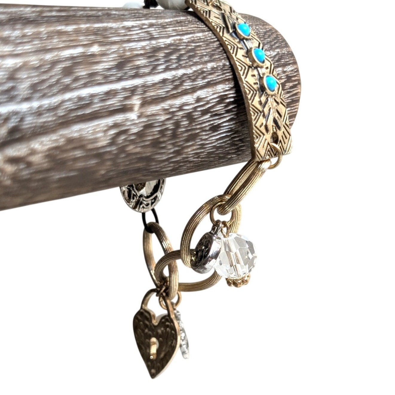 Faux Turquoise Pearl Textured Gold Tone Oval Links & Charms Bracelet