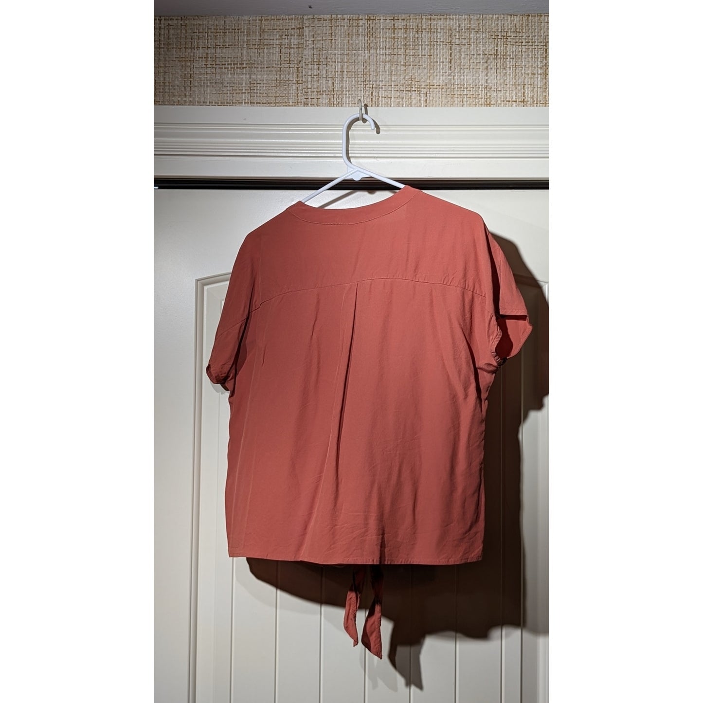 Lovestitch Brick V-Neck Button Up Tie Front Short Sleeve Blouse Womens Sz L