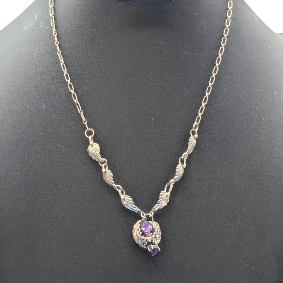 Vintage 925 Sterling Silver Purple Gemstone Leaf Flower Design 20" Necklace