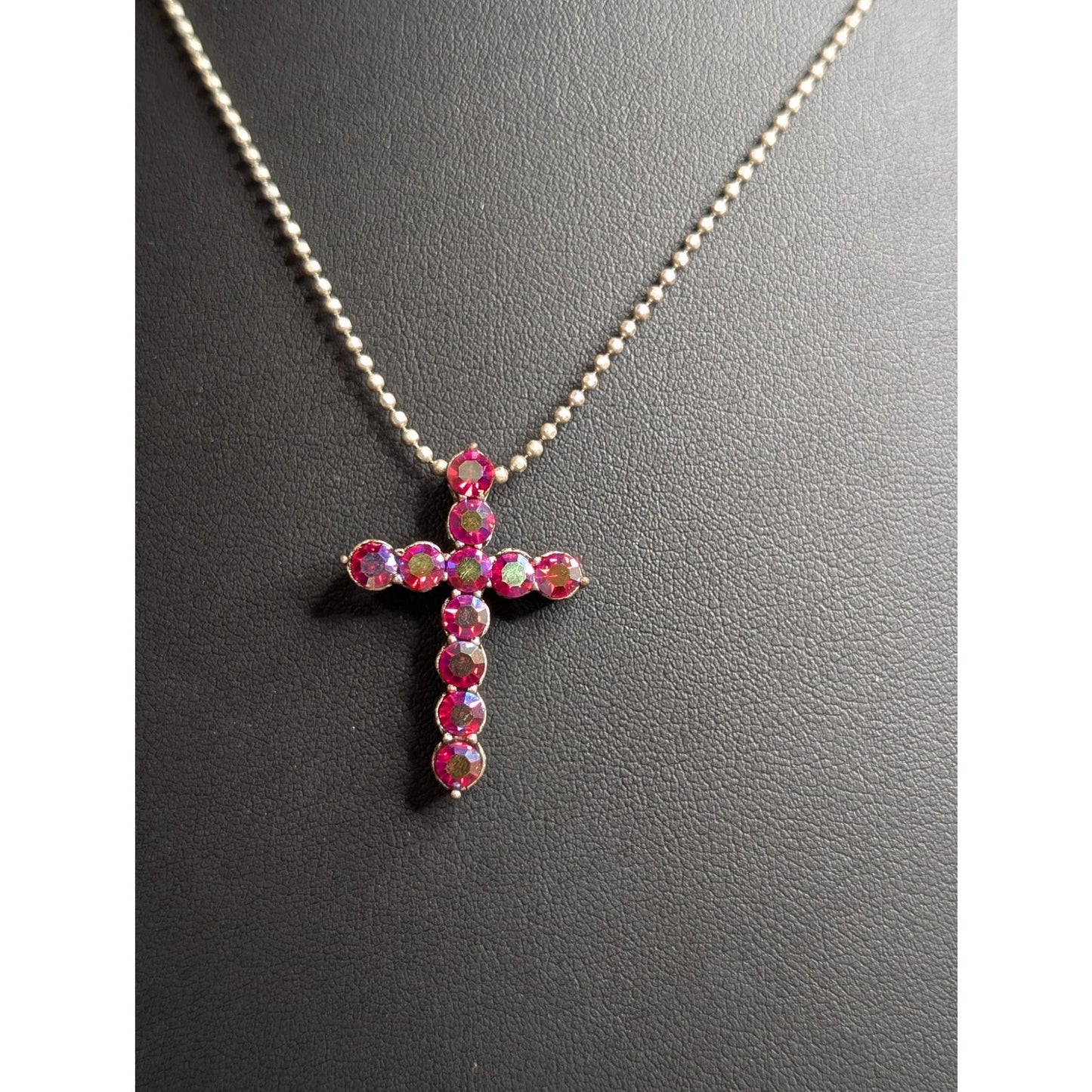 Pink AB Aurora Borealis Crystal Cross Necklace W/ Beaded Silver Tone Chain