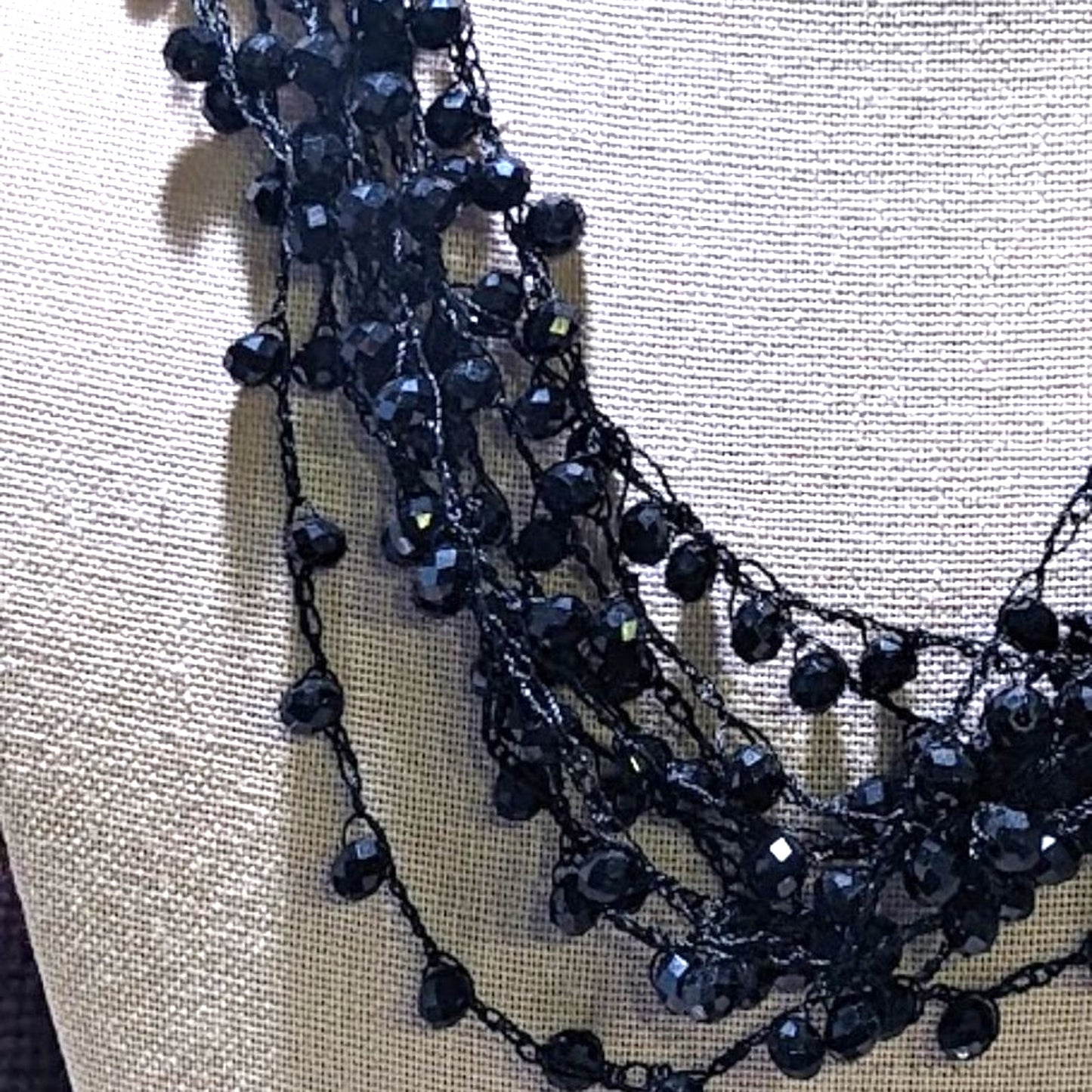 Black Crystal Crochet Beaded Necklace with Button Closure