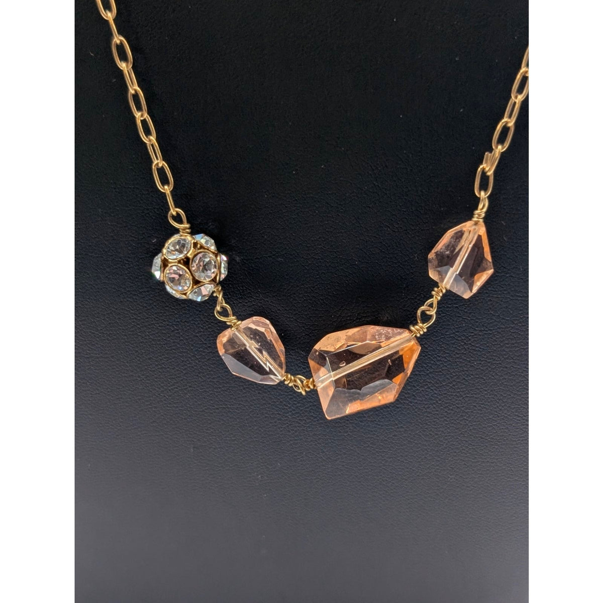 Signed J. Crew Peach Crystal Rhinestone Ball Gold Tone Chain 32" Necklace