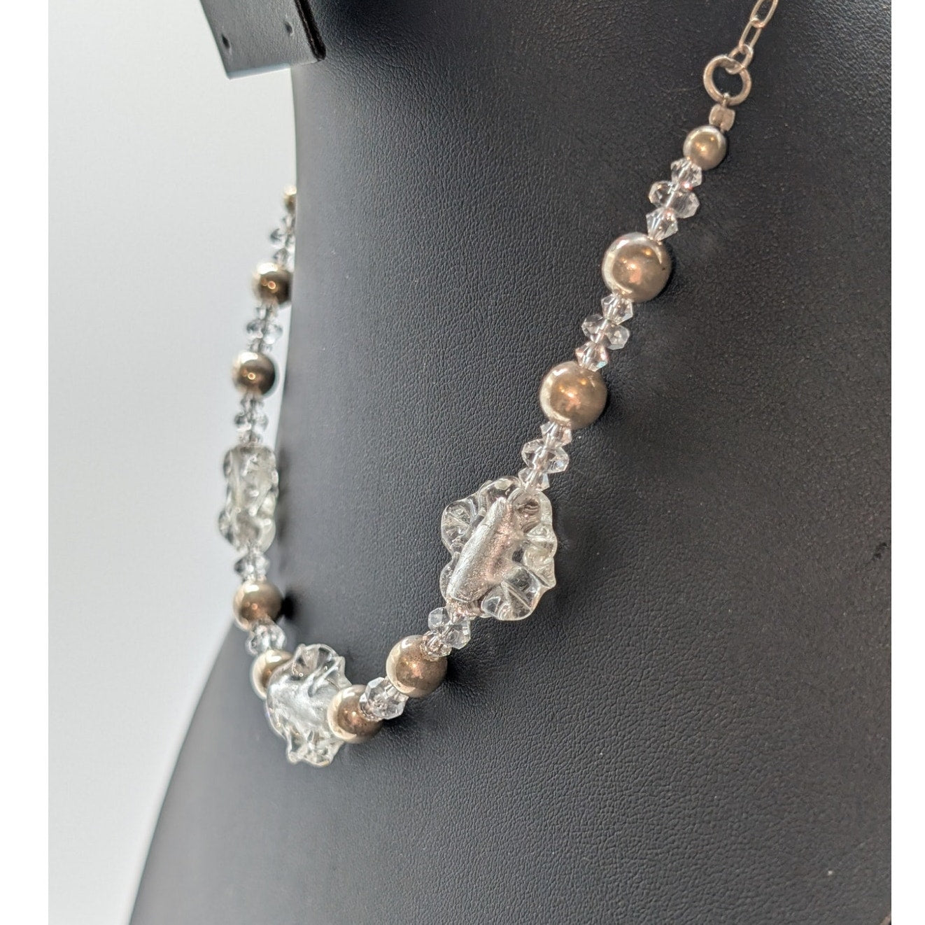 VTG 925 Sterling Silver Bead & Ruffled Foil Glass Bead Crystal 18" Necklace