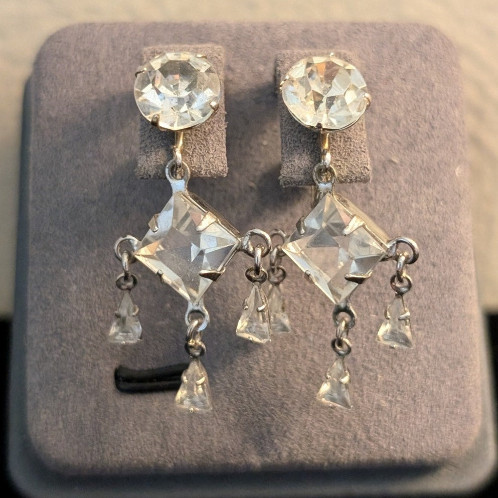 Vintage/Antique Dorsons 12K GF Silver Tone Crystal Dangle Screw Back Earrings