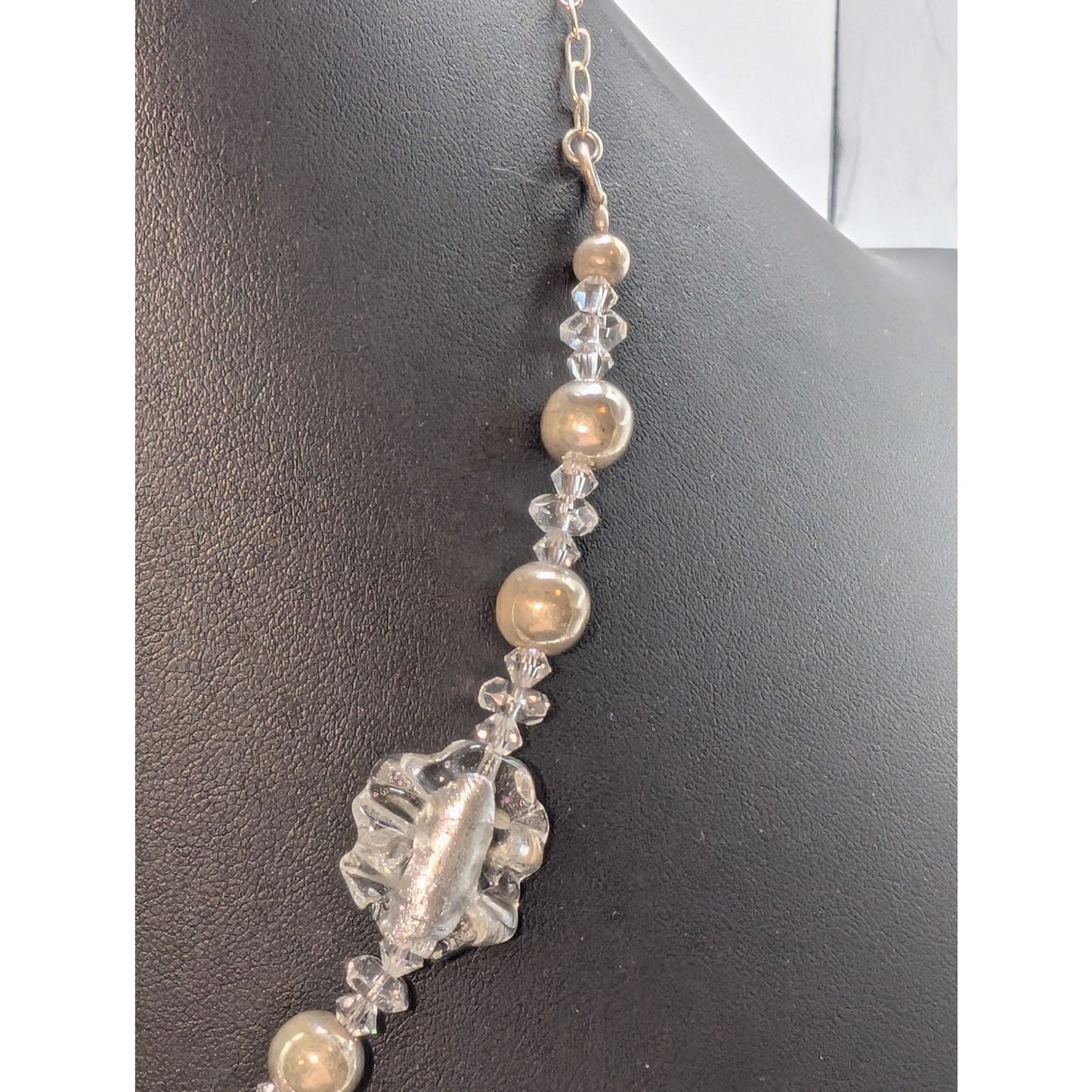 VTG 925 Sterling Silver Bead & Ruffled Foil Glass Bead Crystal 18" Necklace