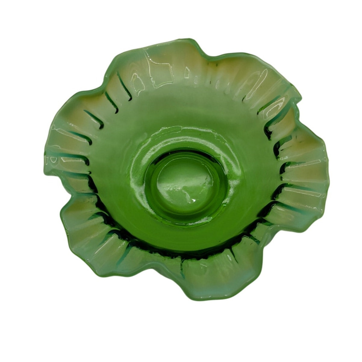 Vintage Green Opalescent Ruffled Edge Fenton Art Glass Bowl -- Read Description