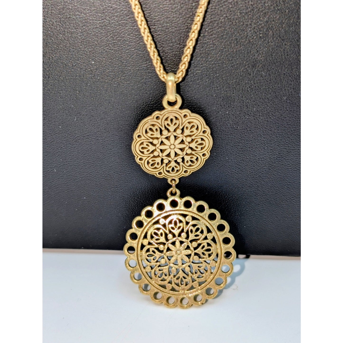 Lucky Brand Muted Gold Double Filigree Medallion Pendant Beaded Chain Necklace