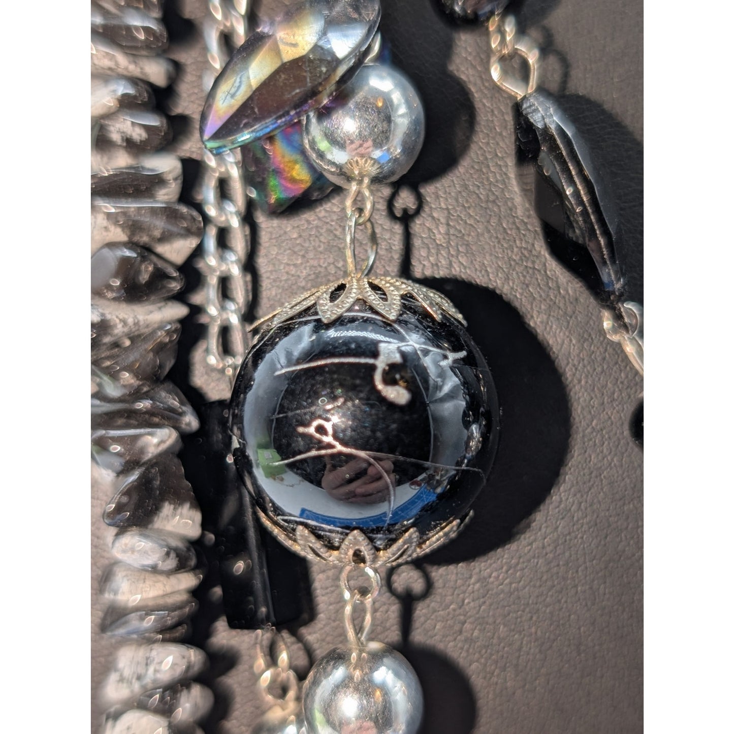 Lot of 4 Black Gray Silver Tone Stone Glass Crystal & Acrylic Beaded Necklaces