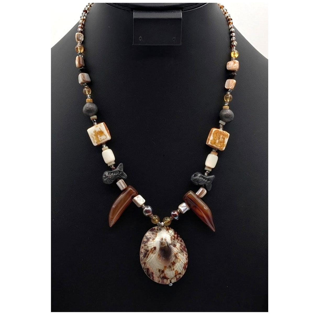 Shell Pendant Beachy Tribal Boho Glass Bead Fishy Toggle Clasp 21" Necklace