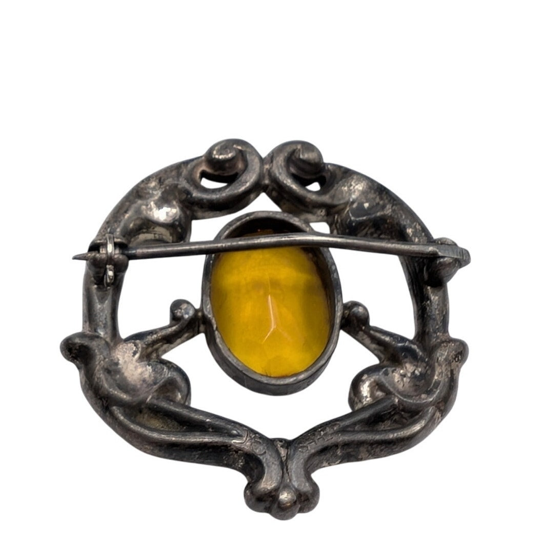 Antique Sterling Silver Citrine Glass Rhinestone/Paste Signed Brooch