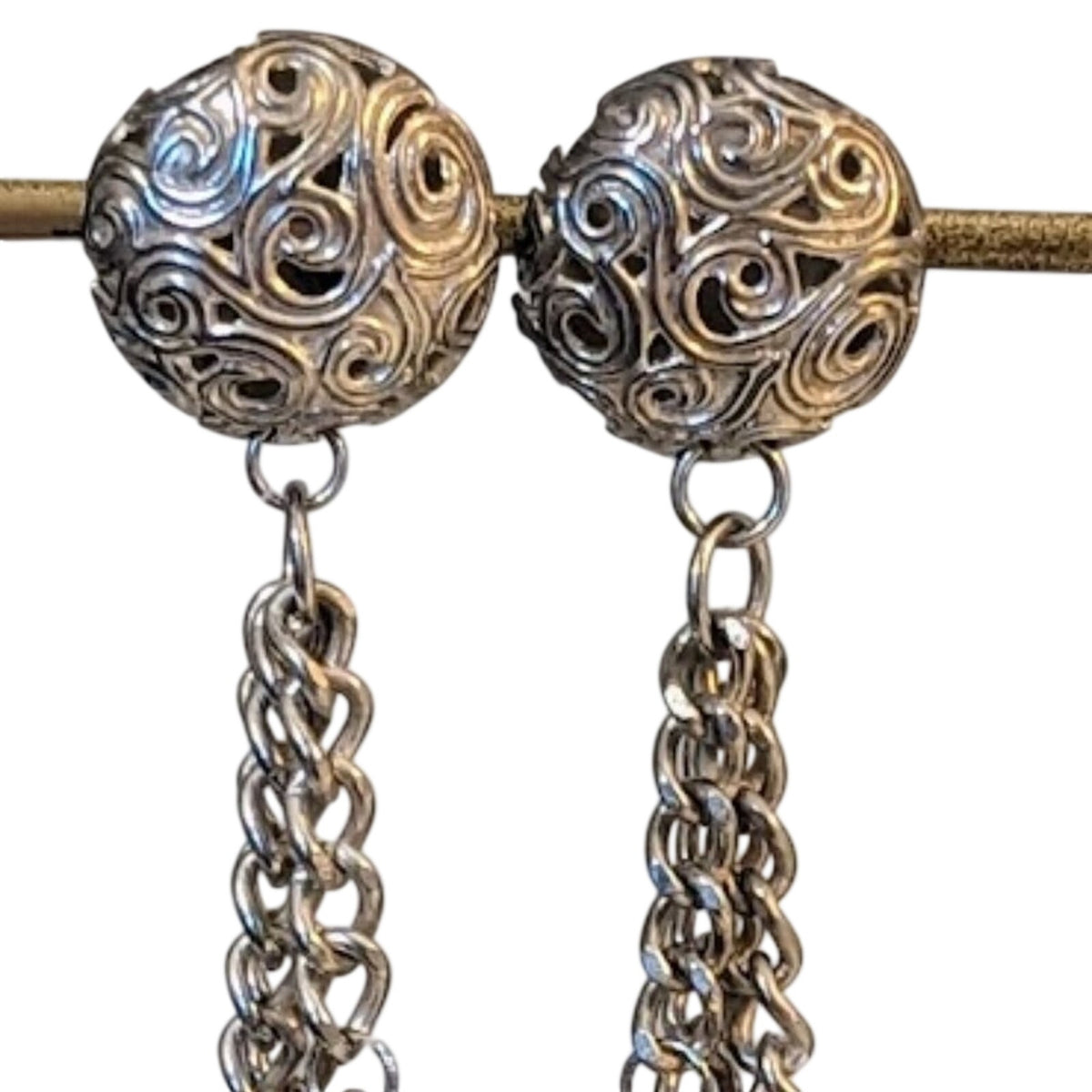 Vintage Filigree Button Dangling Hearts Post Earrings in Silver Tone Metal