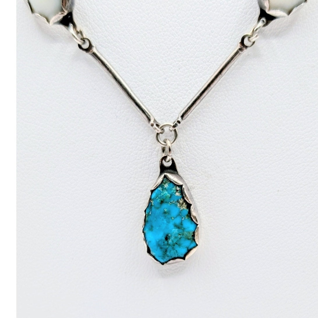 Vtg Sterling Signed Hand Set Turquoise & Mother of Pearl Bar Chain Drop Necklace