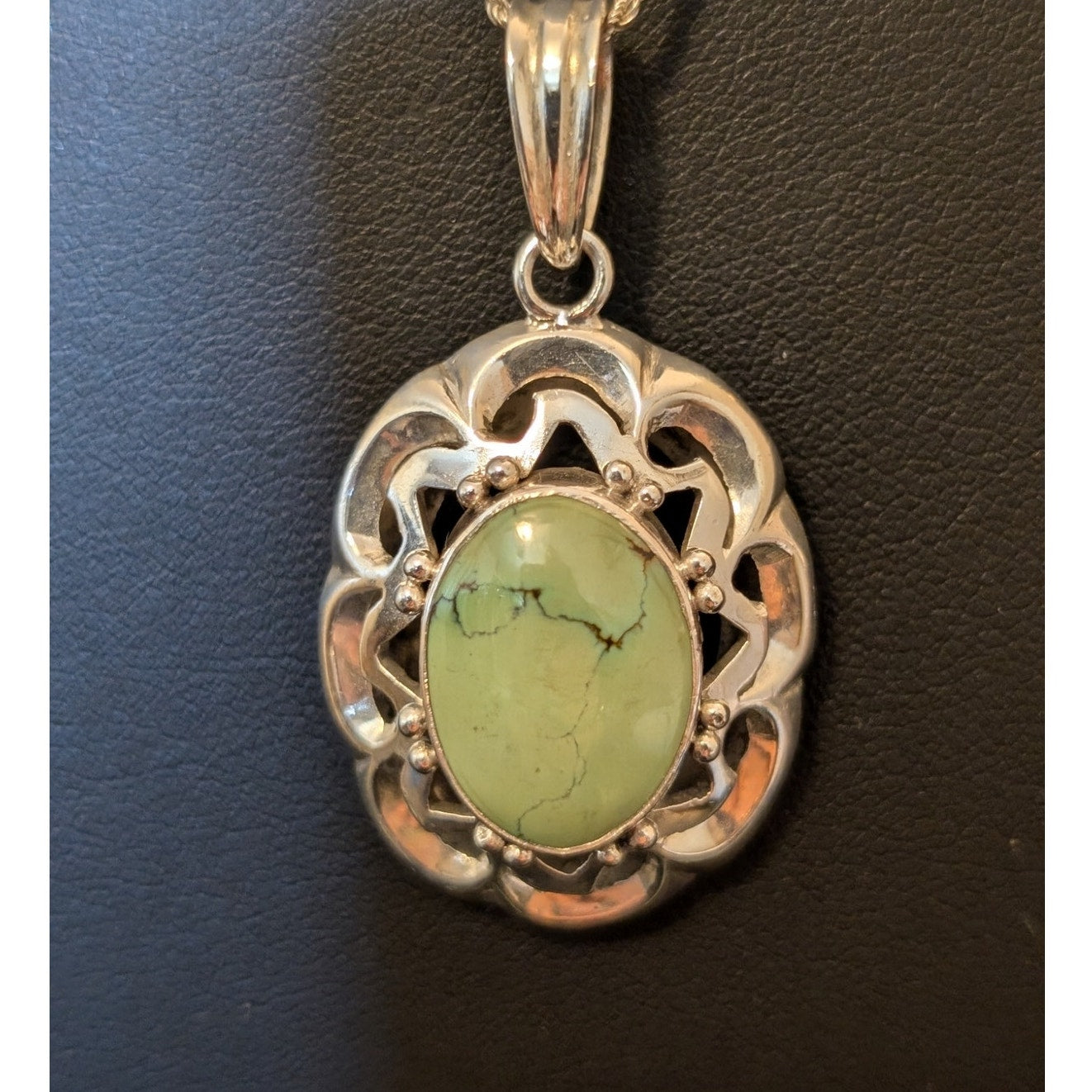 925 Sterling Mint Green Stone Filigree Setting Sterling Rope 20" Chain Necklace