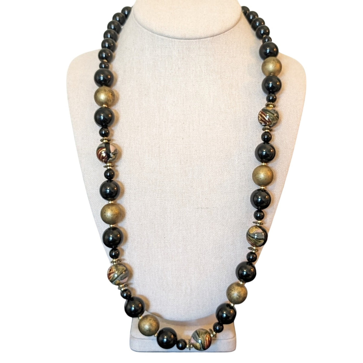 Two Black/Gold & Painted Beaded Vintage 24" & 28" Necklaces