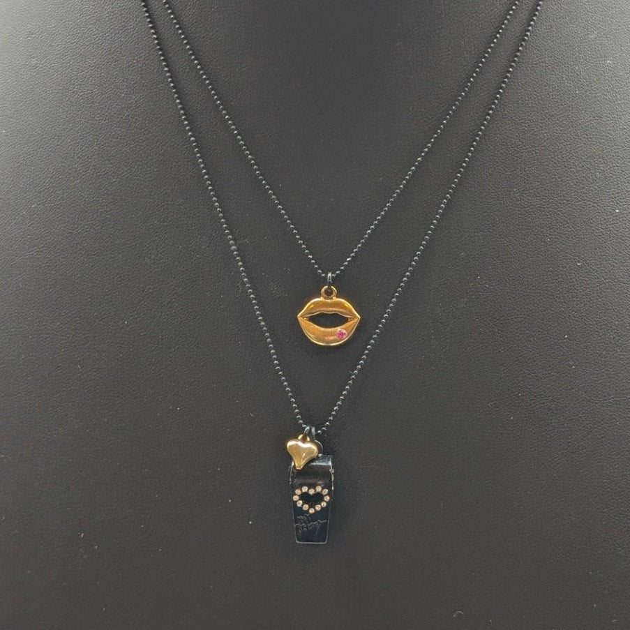 Betsey Johnson Black Gold Rhinestone Whistle Lips Heart Double Strand Necklace