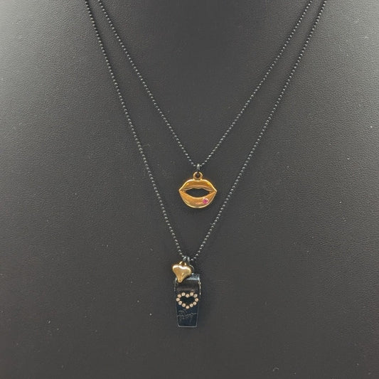 Betsey Johnson Black Gold Rhinestone Whistle Lips Heart Double Strand Necklace