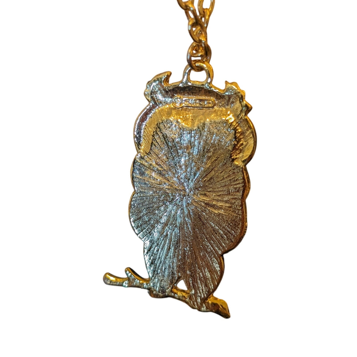 Sir R Cream Enamel Red Rhinestone Eyes Gold Tone Owl Pendant 24" Necklace