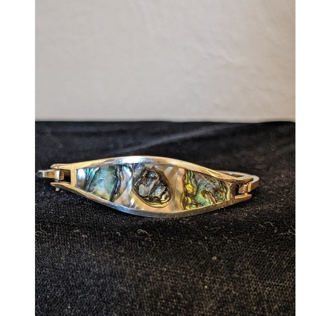 Vintage Alpaca Mexico Silver Inlay Abalone Hinged Bangle Bracelet