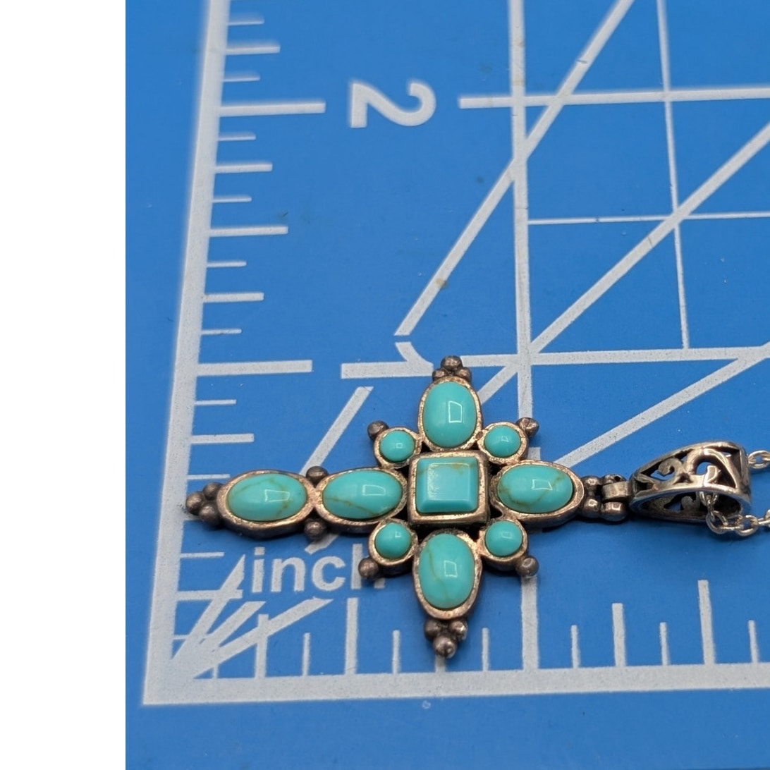 Vintage Joseph Cleary Turquoise Sterling 925 Cross Pendant 18" Chain Necklace