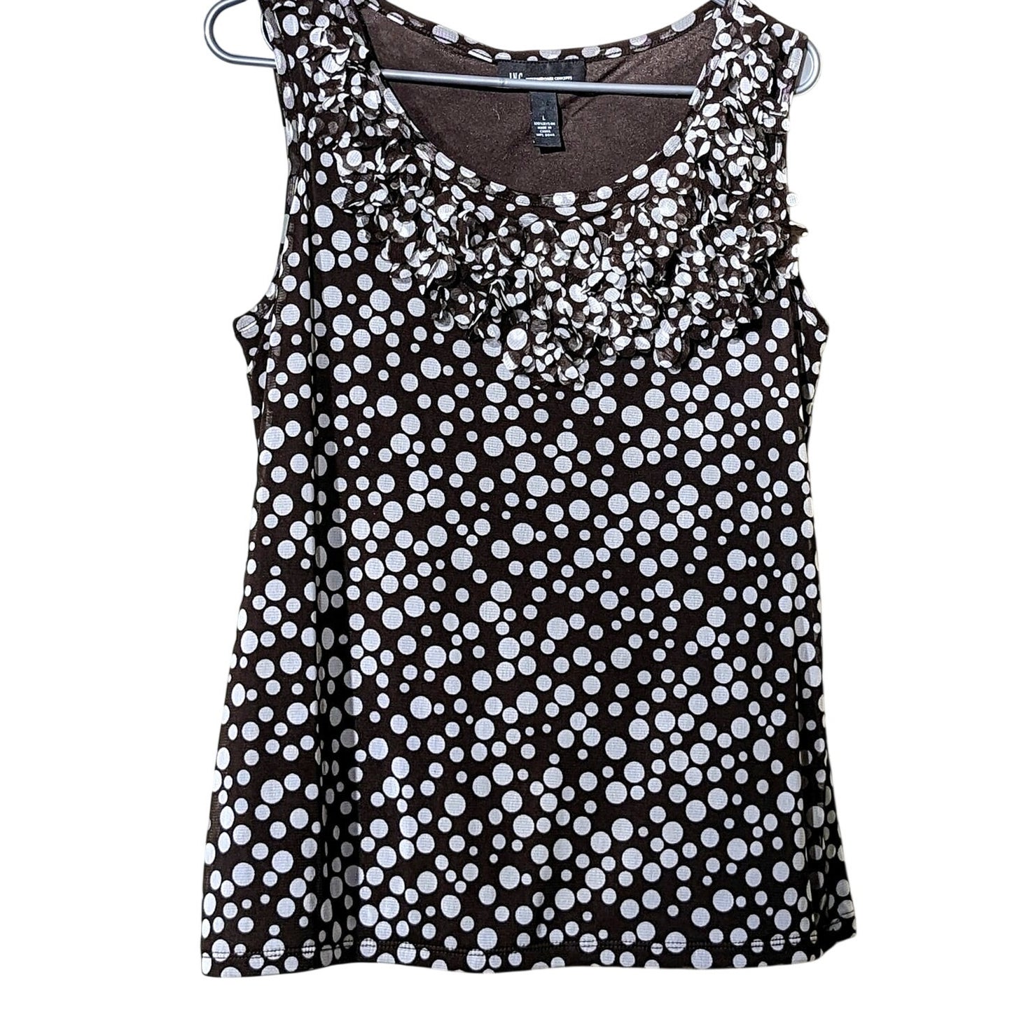 INC International Concepts Brown Polka Dot Flouncy Ruffle Neck Tank Womens Sz L