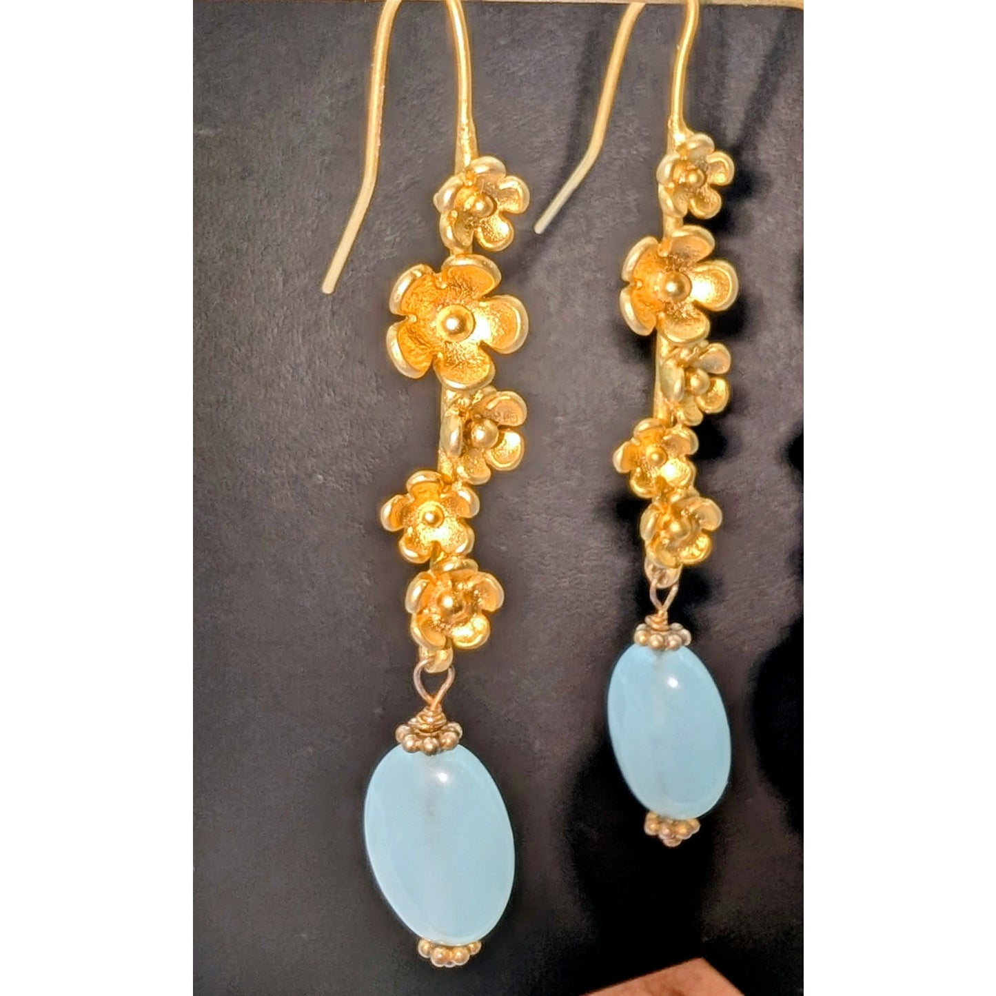 Brushed Gold Tone Flower Drop Chalcedony Glass Bead Pierced Earrings
