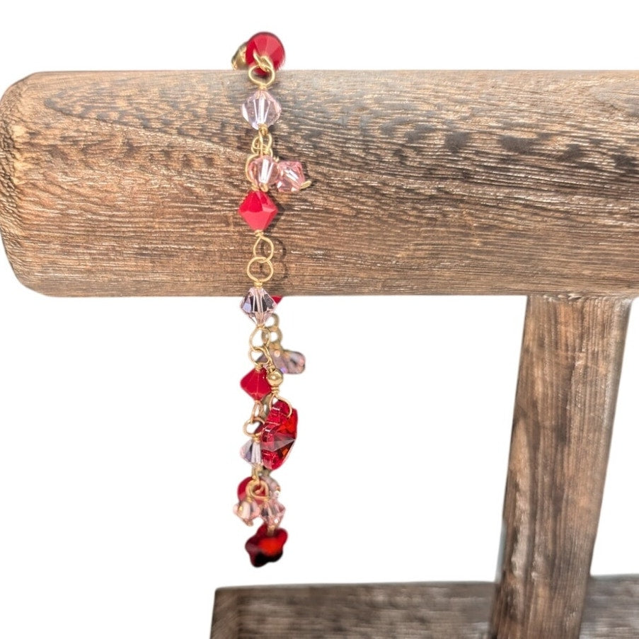 Vintage 14K Gold Filled Gold Chain Pink & Red Crystal Bead Dangle Bracelet