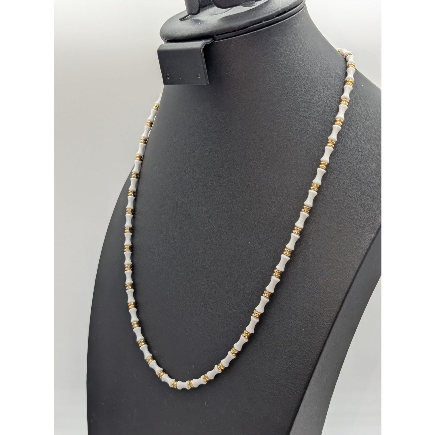 Vintage Monet White Glass & Gold Bead Bamboo or Bow Look 24" Necklace