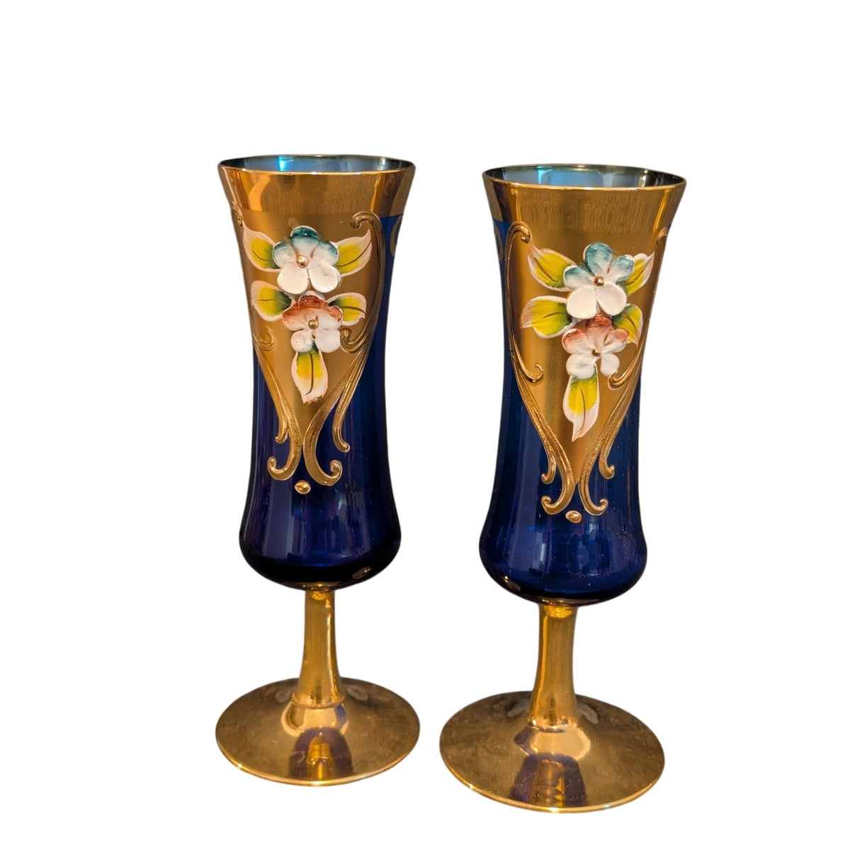 Vtg 50s 2 Cobalt Stem Sherry Glasses Tre Fuochi Murano Italy Venetian Heavy Gilt