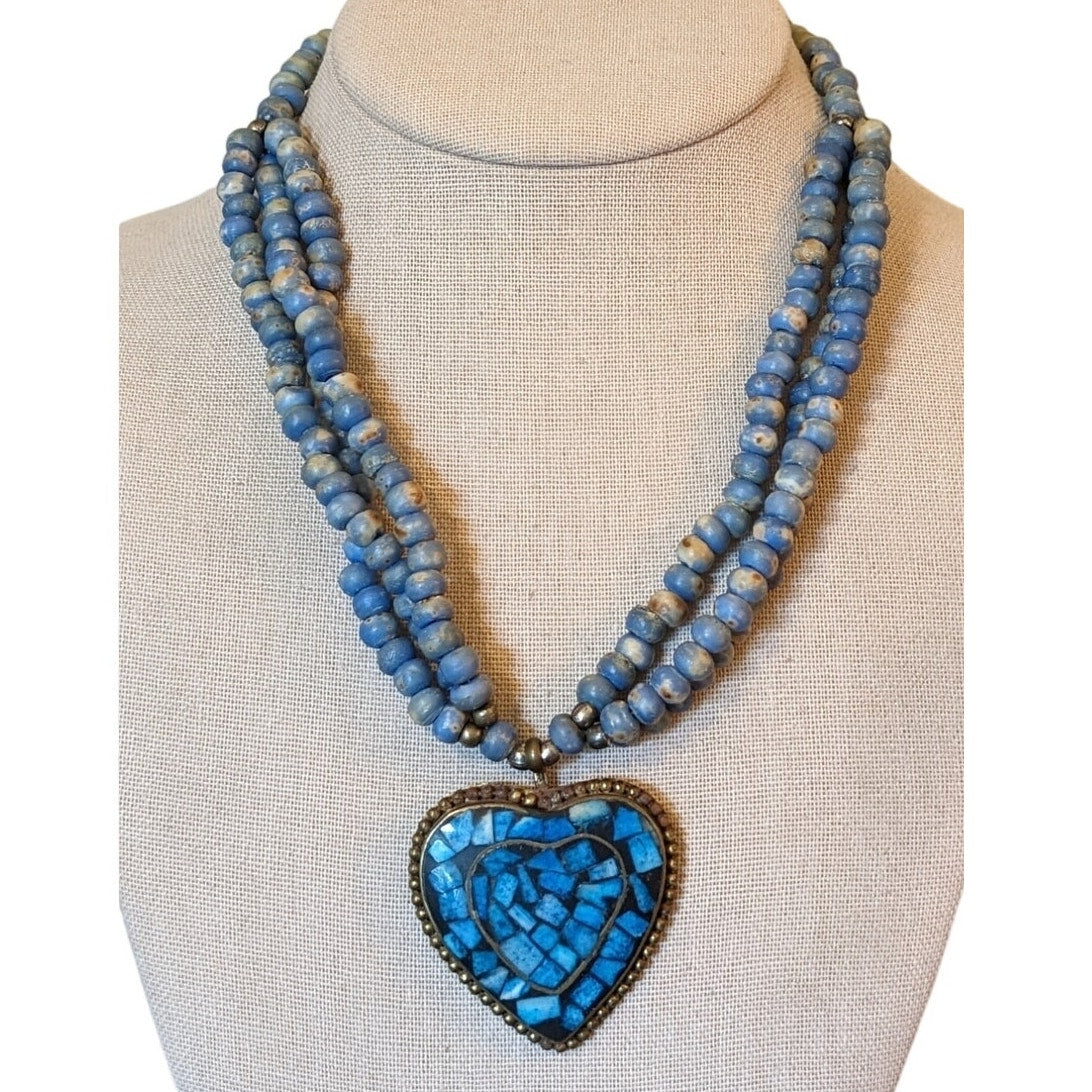 1 to 3 Strands Blue Bead Stone Inlay Copper Heart Vintage Necklace w/ Hook Clasp