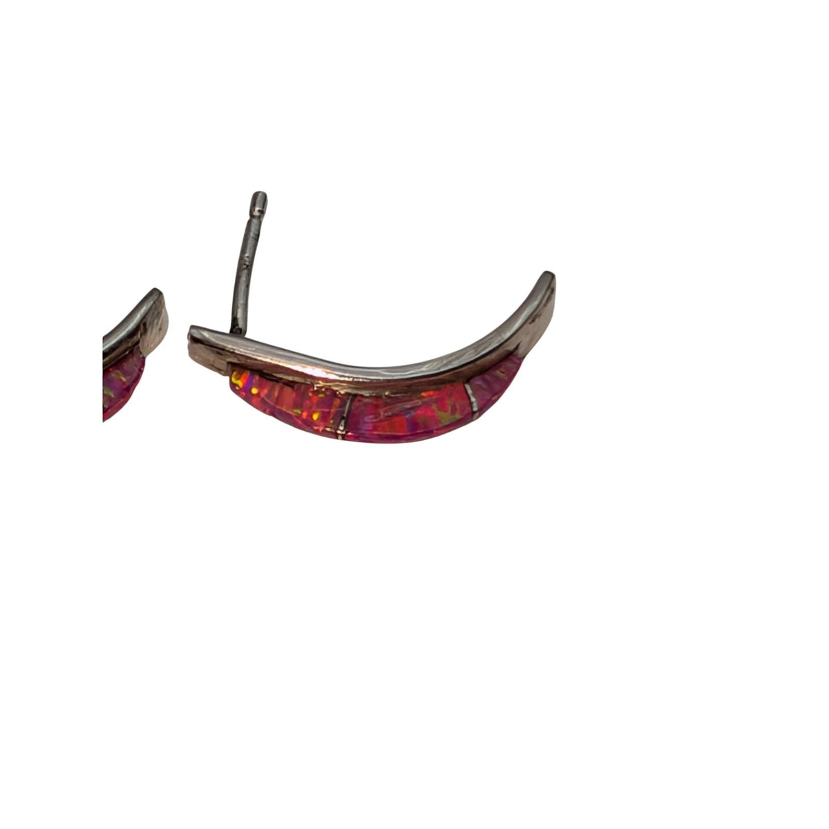 Vintage Sterling Silver Pink Opal Zuni Native American Curved Half Hoop Earrings
