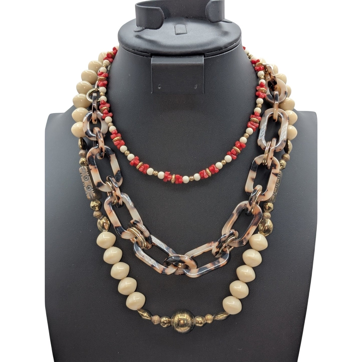 Lot of Three Stone Faux Tortoise Acrylic Beaded Necklaces