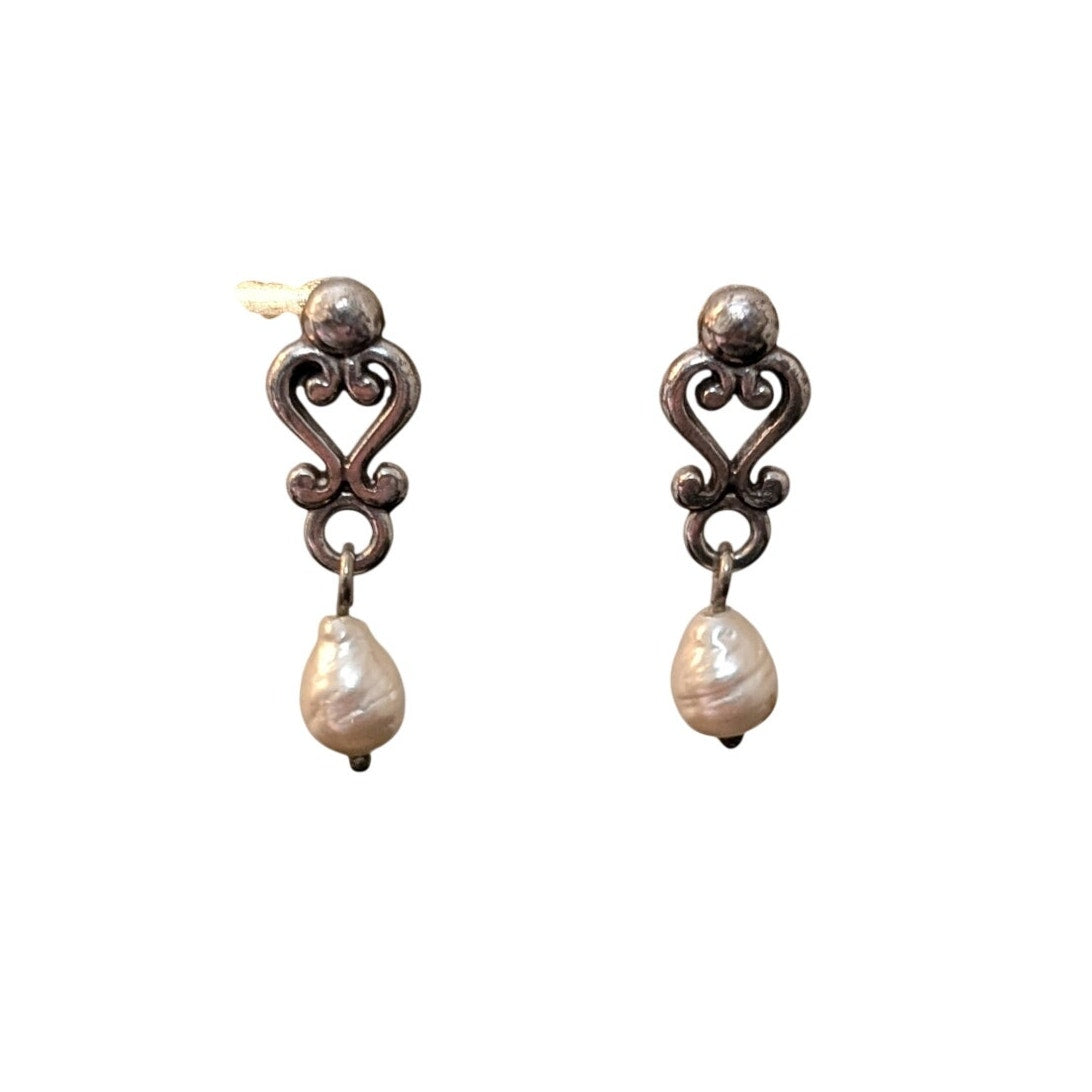 Vintage Sterling Silver Scroll Baroque Teardrop Freshwater Pearl Dangle Earrings