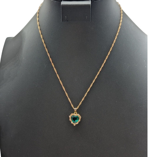 Emerald Green Glass Heart Gold Plated Gold Tone Pendant Chain 18" Necklace