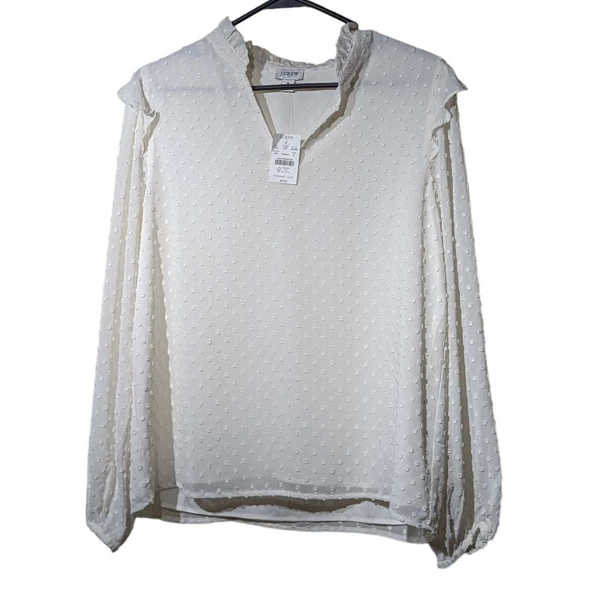 J. Crew NWT Swiss Dot Ivory Ruffle Trim V-Neck Popover Blouse Womens Sz S