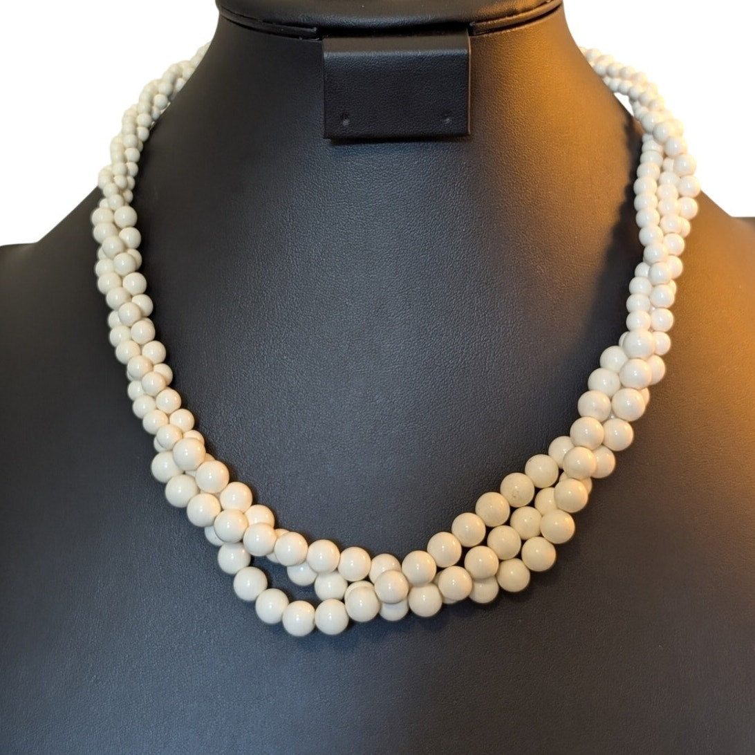 Vintage Graduated Cream Three-Strand Twisted Acrylic Bead Necklace