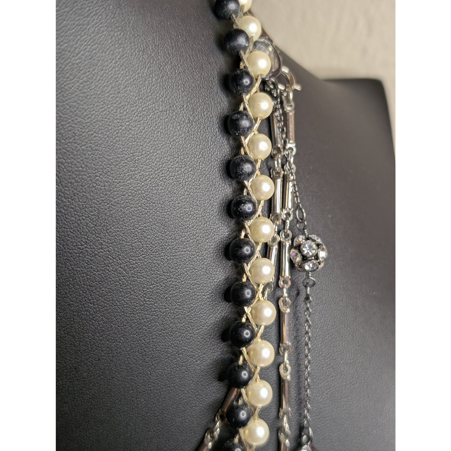 Lot of Three Layered Black White Silver Gunmetal Crystal Pearl Necklaces