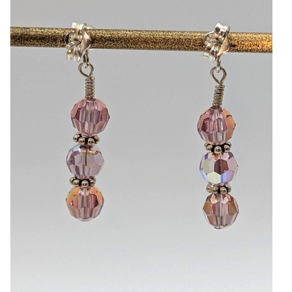 925 Sterling Silver Three Lavender AB Crystal Bead Dangle Drop Earrings