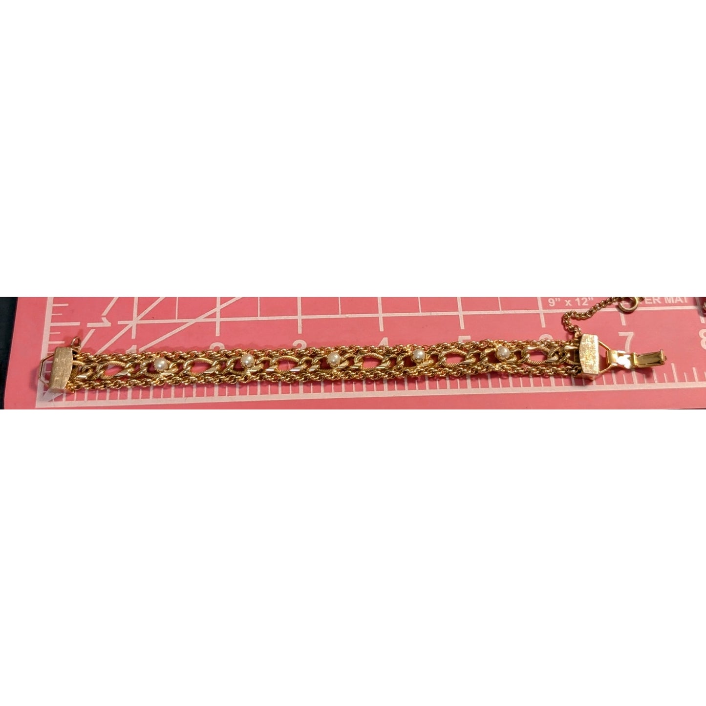 Vintage 1950s Mid-Century Exceptional Pearl Chain Link Bracelet W/ Safety Chain