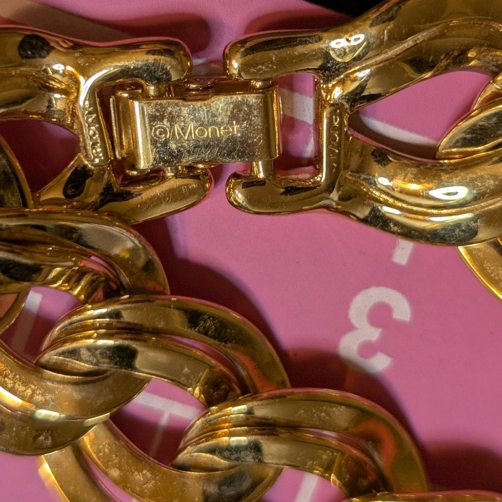 Vintage Monet Gold Tone Curb Double Link Bracelet W/ Fold Over Clasp