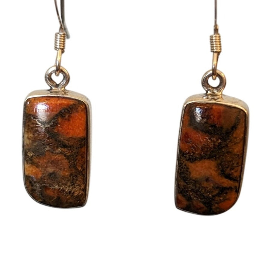 Vtg Marked 925 Sterling Orange Copper Turquoise Bezel Set Stone Dangle Earrings