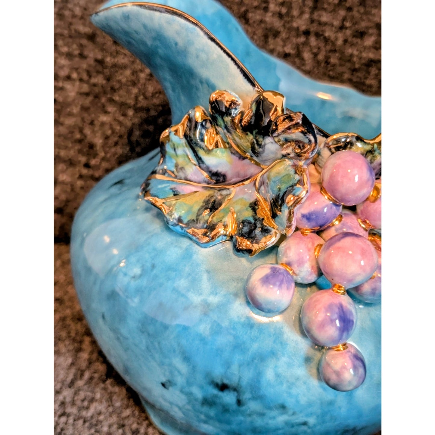 Vintage/Antique Blue Painted Gilt Edge 3D Grape Design Pitcher