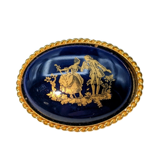 Vintage Navy Blue Gold  Courting Couple Rope Design Surround Brooch