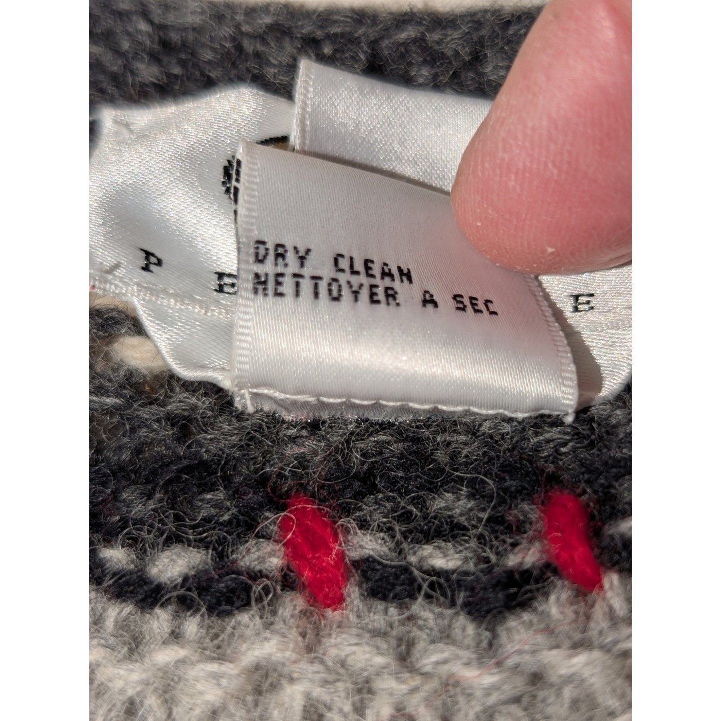 Talbot's Hand Knit 100% Wool Gray Cream Red Black Button Cardigan Sweater Sz MP