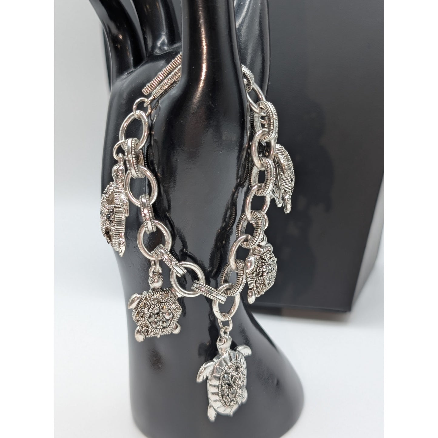 Chunky Silver Tone Marcasite Toggle Clasp Turtle Charm Bracelet