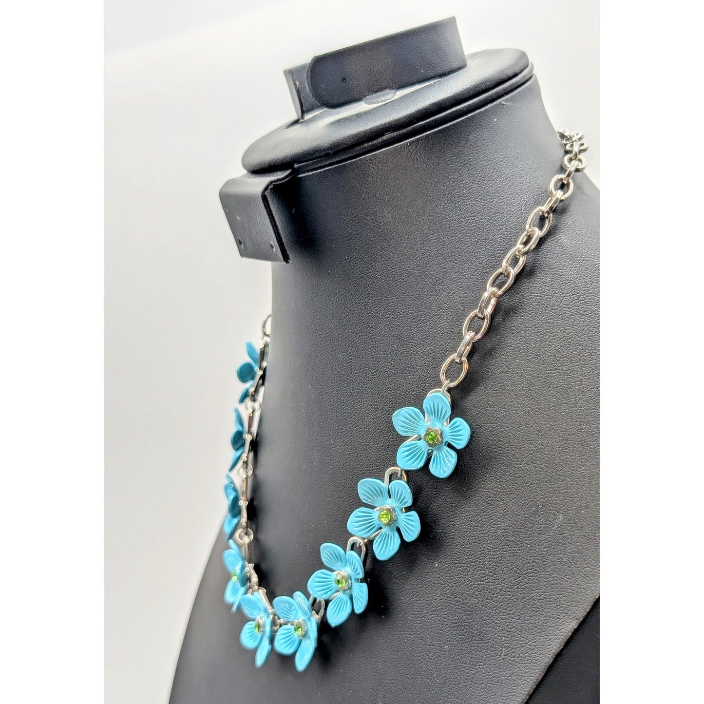 Nine Blue Metal Green Crystal Flowers on Silver Tone Chain 18"-21" Necklace