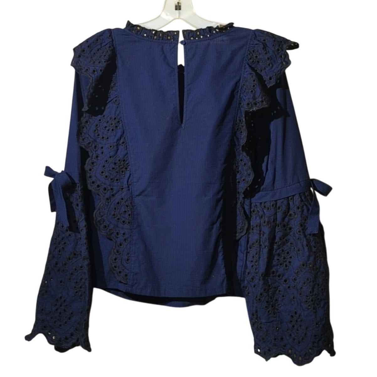 Amaryllis Navy/Black Striped Eyelet Ruffle Bell Sleeve Blouse Women's Sz S/M