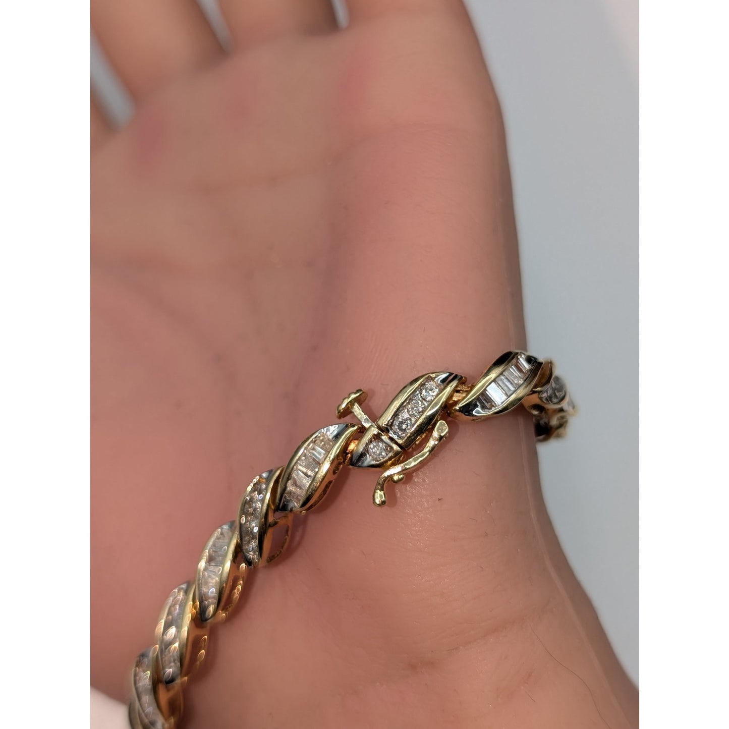 14k Yellow Gold S Design Baguette & Round Diamond Tennis Bracelet