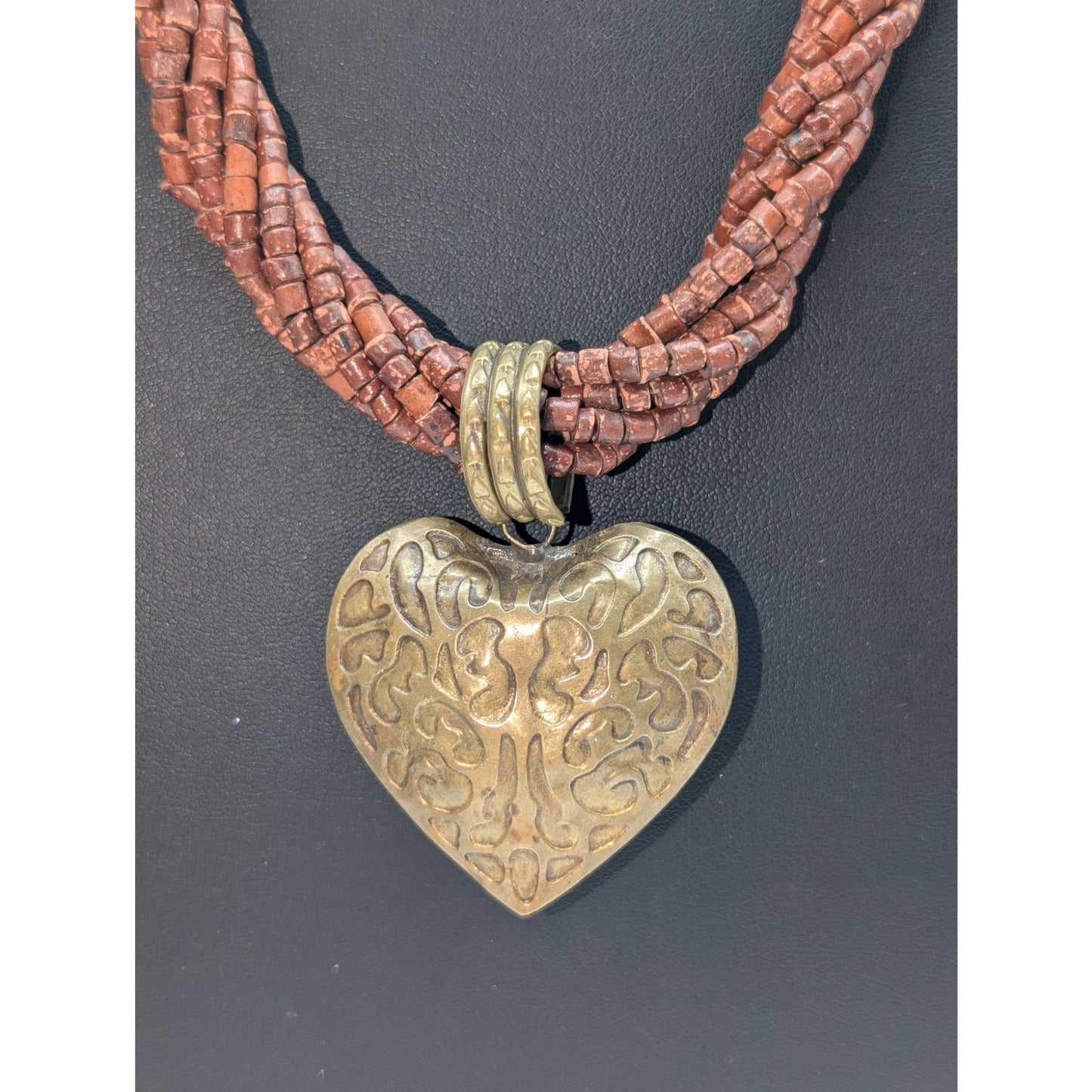 Vtg Twisted Multi-Strand Coconut Shell Brass Bead Embossed Brass Heart Necklace